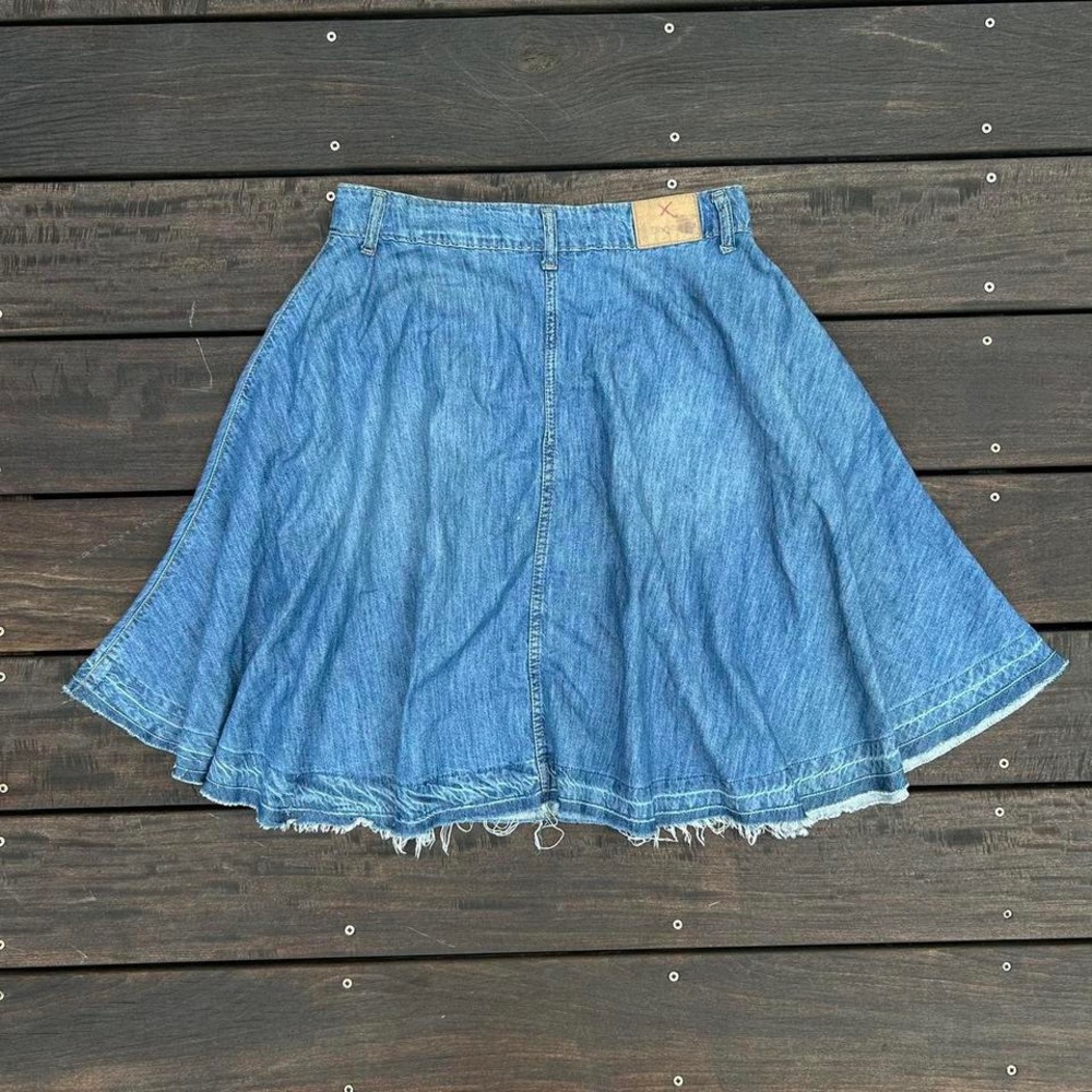 Blue Medium Wash Dixie Flared Denim Skirt w/ Frayed Hem Made in Italy